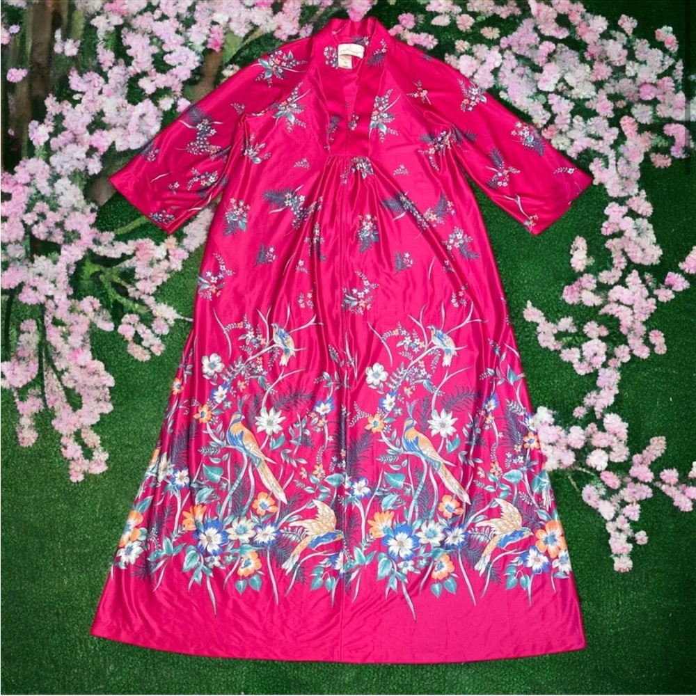 Vintage 1970s TV Loungers Pink Boho Bird Full Length House Dress Half Zip
